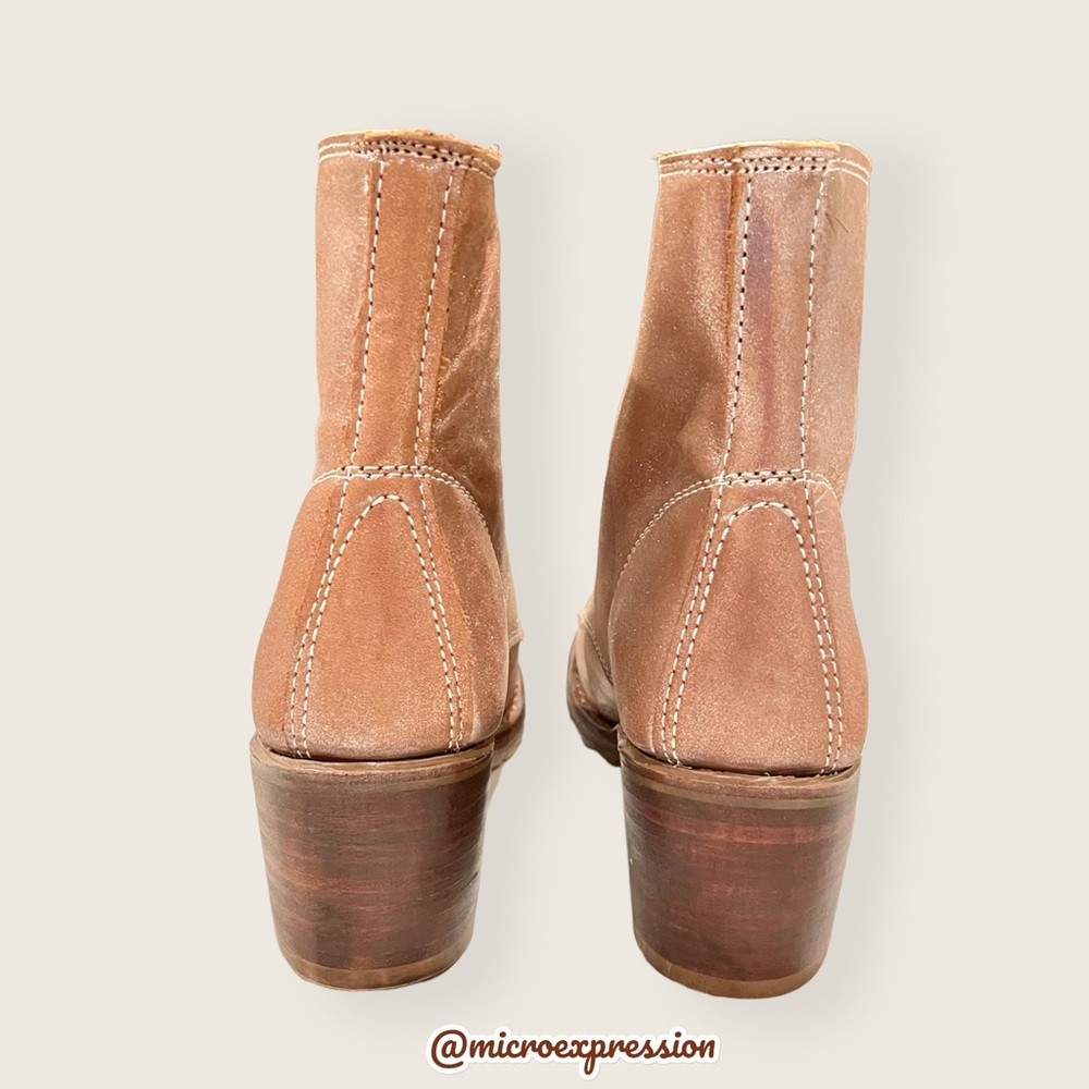 Frye Sabrina 6G GLAM Metallic Glittery Tan Combat Block Heel Lace Up Ankle Boot - Picture 14 of 16